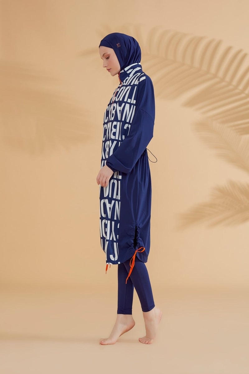 Marina Parachute Lettered Navy Blue Fully Covered Hijab Swimsuit M2301-1  - Image 5