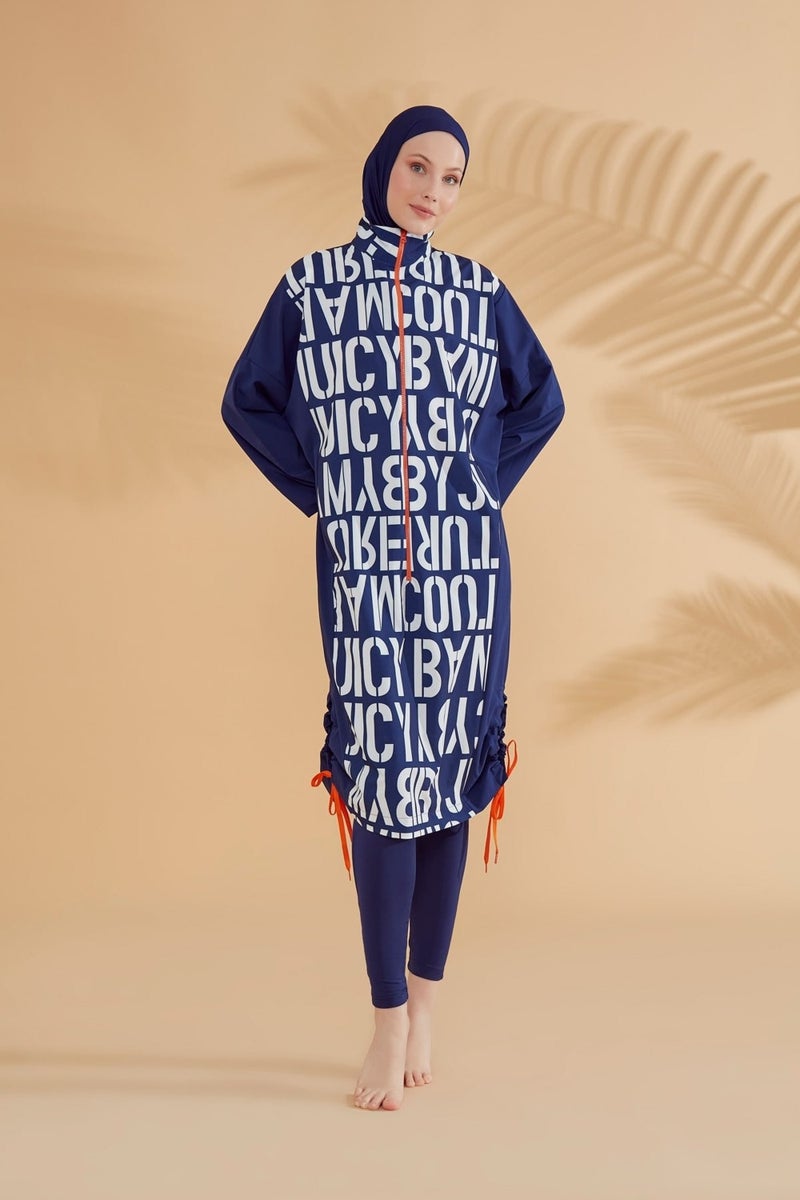 Marina Parachute Lettered Navy Blue Fully Covered Hijab Swimsuit M2301-1  - Image 4