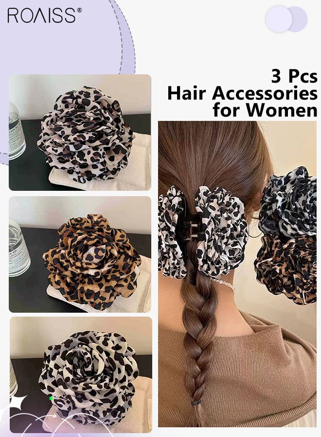 رويس 3 قطع من مشابك الشعر المطبوعة بنقشة جلد الفهد، مشابك مخالب أنيقة كبيرة الحجم مناسبة للشعر الكثيف، إكسسوارات شعر أنيقة على طراز ريترو، مثالية للارتداء اليومي وجلسات التصوير - Image 1