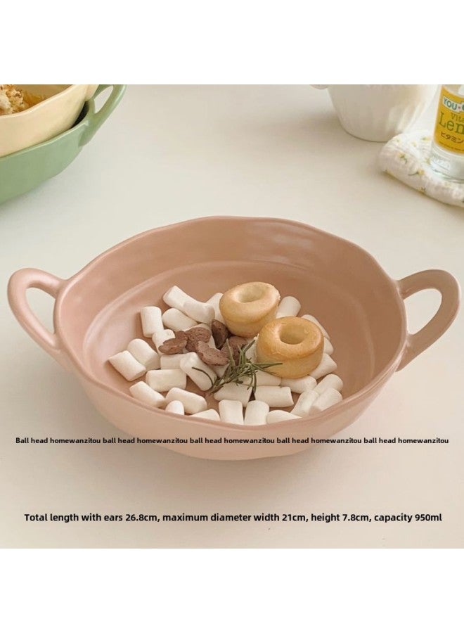 Ceramic Bakeware Ins Irregular Bowl Dormitory Students Easy To Clean Large Bowl Color Value Fruit Salah Bowl Household Tableware-Specification:By Default-Colour:Irregular Double-eared Bowl-[lotus Root Pink] 8inch Extra Large Style - Image 1