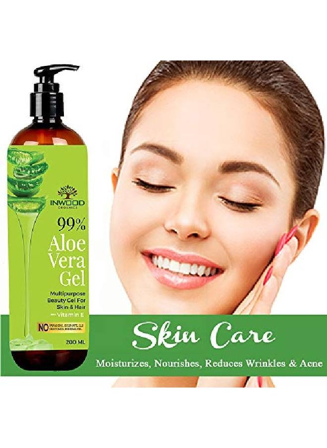 INWOOD ORGANICS - 99% Pure Organic Aloe Vera Gel For Face Skin And Hair With Vitamin E | For All Skin Hair Types | Multipurpose Aloe Vera Gel | 100% N | Paraben Free 200 Ml - Image 1