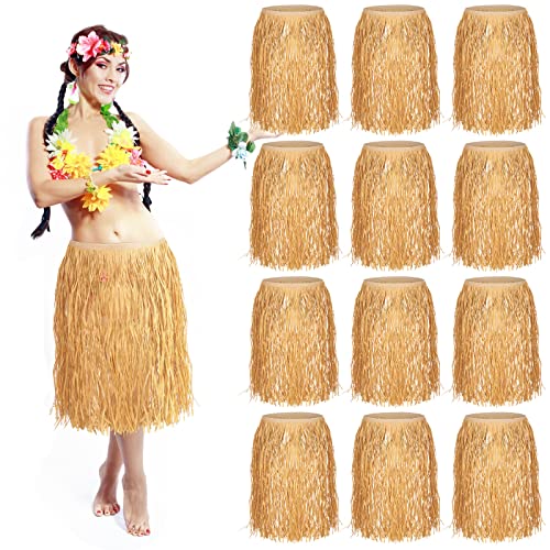 Berlune 12 Pcs Bulk Raffia Hula Skirts for Adults Hawaiian Grass Skirts Hawaiian Luau Tropical Theme Party Costume Accessory (3X-Large) Khaki - Image 1