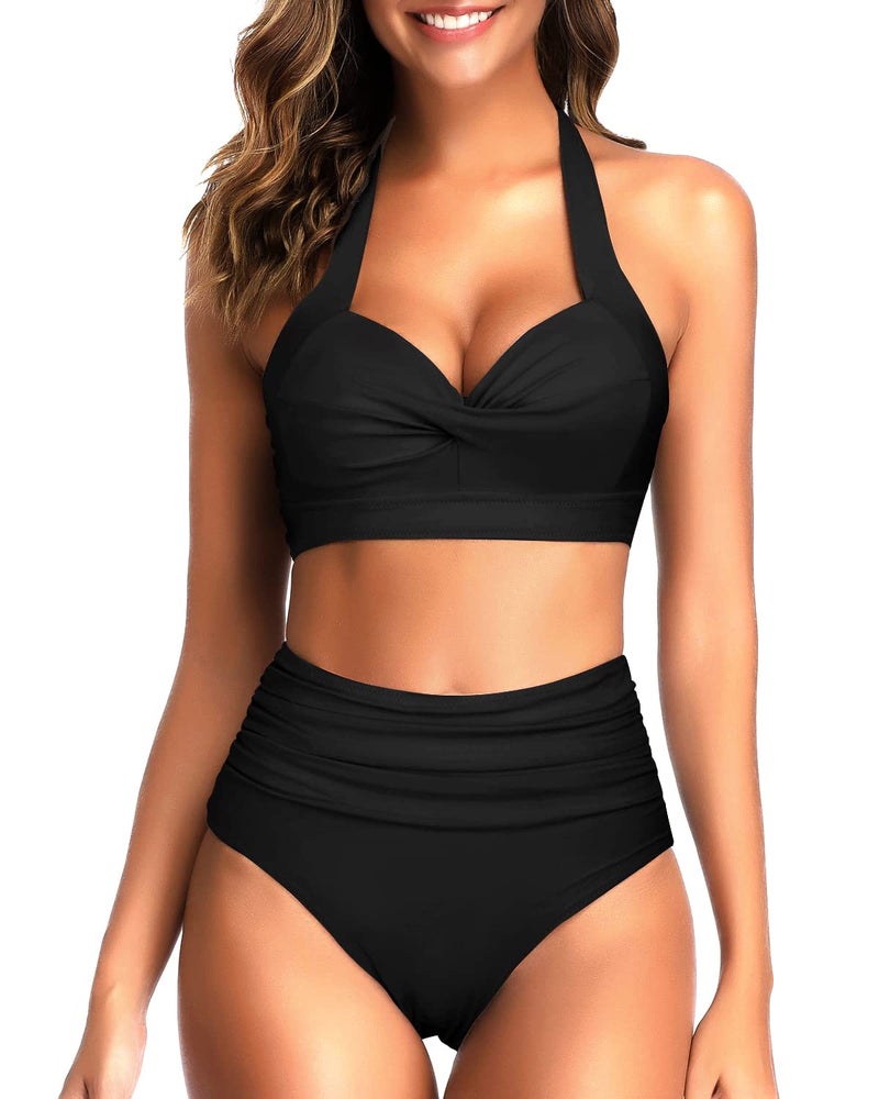Tempt Me Women's Vintage Swimsuits Pure Black Retro Halter Ruched High Waist Bikini with Bottom M - Image 1