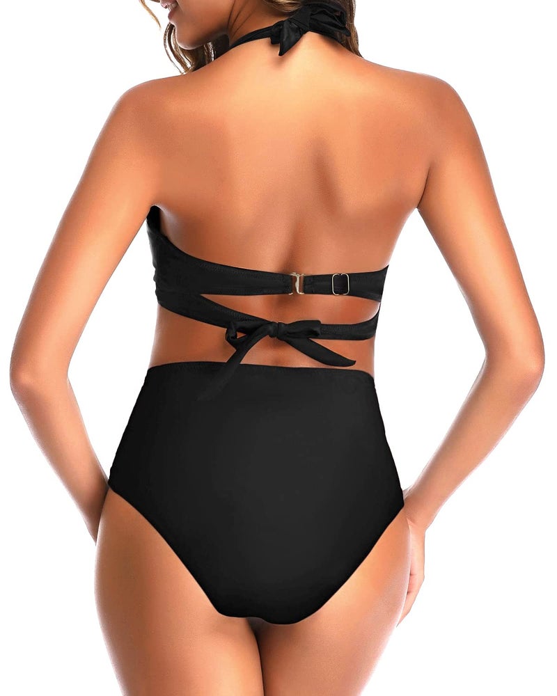 Tempt Me Women's Vintage Swimsuits Pure Black Retro Halter Ruched High Waist Bikini with Bottom M - Image 4