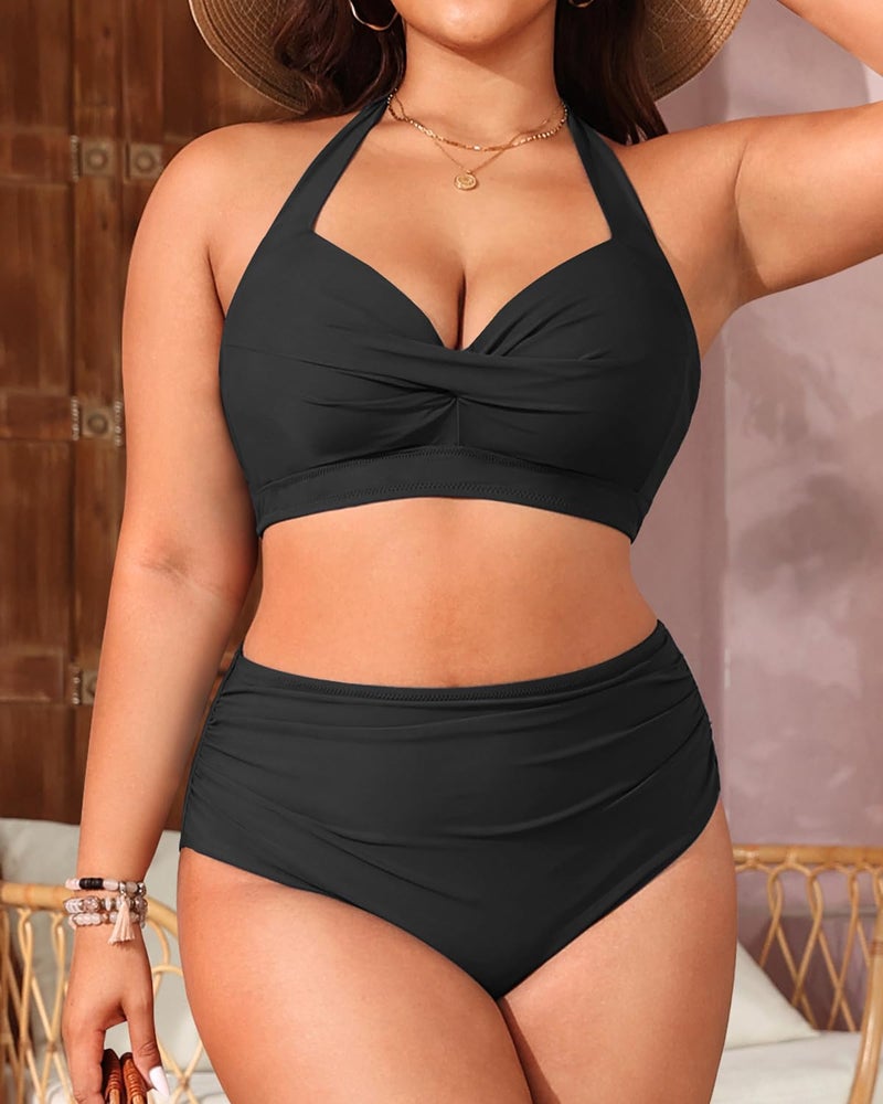 Tempt Me Women's Vintage Swimsuits Pure Black Retro Halter Ruched High Waist Bikini with Bottom M - Image 5