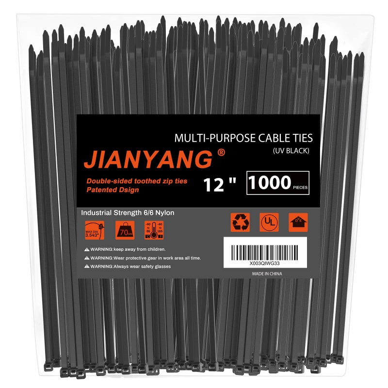 JIANYANG 12 Inch Zip Ties Double Sided Toothed (Bulk 1000 Pack),85 LBS Tensile Strength Heavy Duty Cable Wire Ties With Self-Locking Adjustable More Durable Nylon Tie Wraps for Indoor Outdoor - Image 1