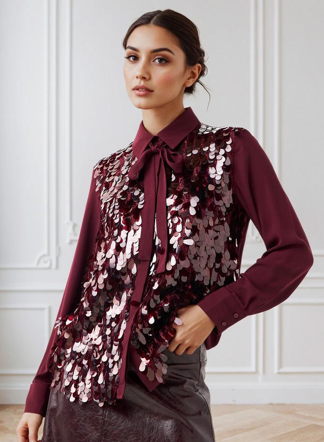 Iconic Regular Fit Pussy Bow Shirt with Sequin Detail - Image 1