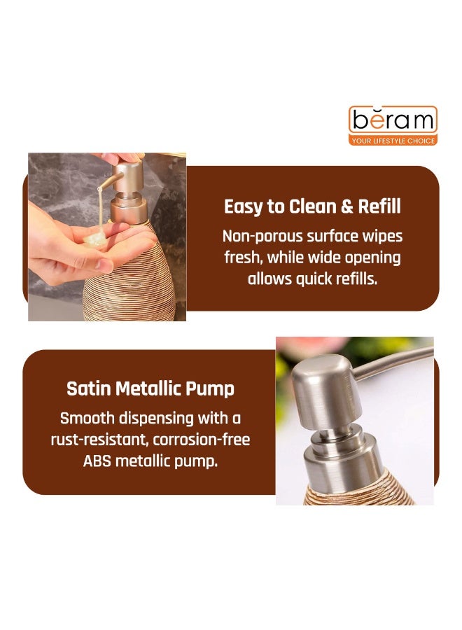 بيرام مجموعة برام المكونة من 5 قطع من إكسسوارات الحمام السيراميكية ذات الملمس البني تشمل موزع الصابون وحامل فرشاة الأسنان والأكواب وصحن الصابون بتصميم بيضاوي مصنوع يدوياً للاستخدام على سطح المنضدة في المنزل (موزع سائل) - Image 4