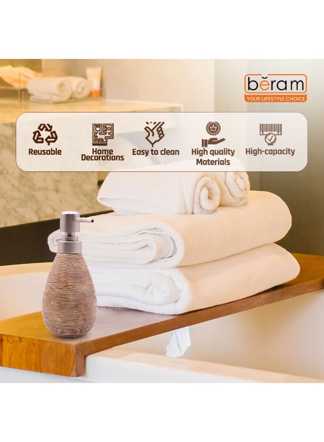 بيرام مجموعة برام المكونة من 5 قطع من إكسسوارات الحمام السيراميكية ذات الملمس البني تشمل موزع الصابون وحامل فرشاة الأسنان والأكواب وصحن الصابون بتصميم بيضاوي مصنوع يدوياً للاستخدام على سطح المنضدة في المنزل (موزع سائل) - Image 2