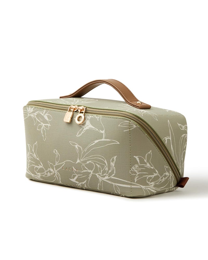 EACHY Travel Makeup Bag, Large Capacity Cosmetic Bags for Women, Waterproof Portable Pouch Open Flat Toiletry Bag Pattern Make up Bag (F-Green) - Image 1