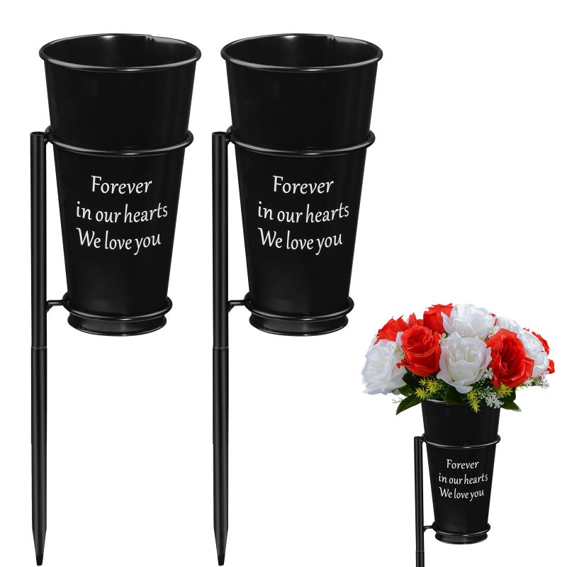 XONOR Metal Cemetery Vase Flower Holder with Spikes in Ground Grave Vases for Gravesite Gravestone Memorial Grave Markers Cemetery Decorations (2Pcs  Black)  Flower is not Included - Image 1
