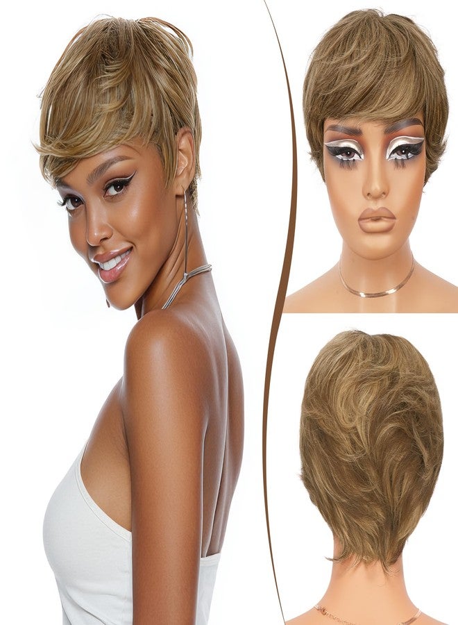RUWISS Pixie Cut Human Hair Wig – Short Wigs for Black Women with Bangs, Natural Layered Wavy Wig, Glueless, 4/27# - Image 1