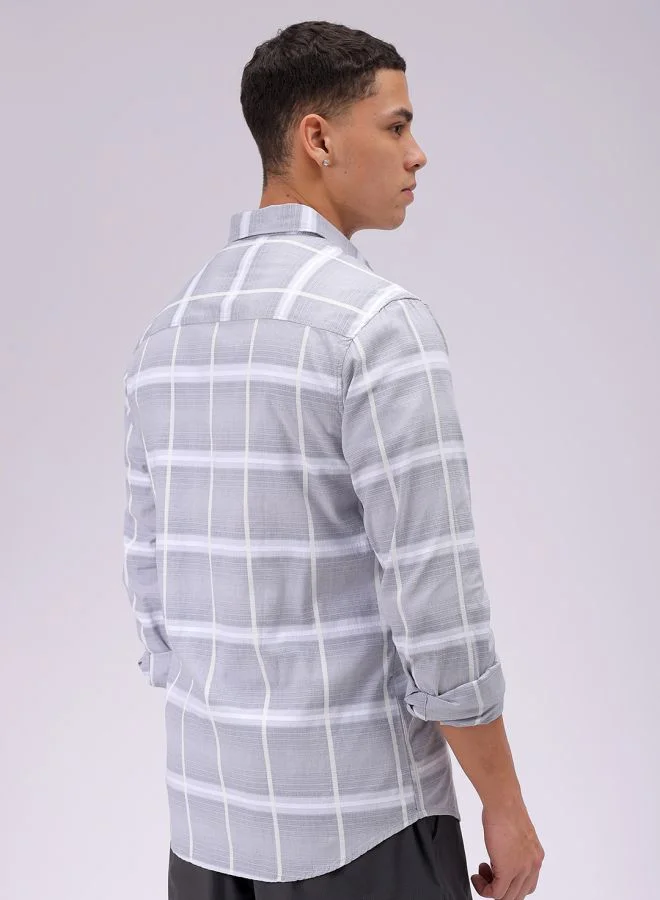 شركة المرآب الهندية Men Slim Fit Textured Checkered Full Sleeves Cutaway Collar Casual Shirt