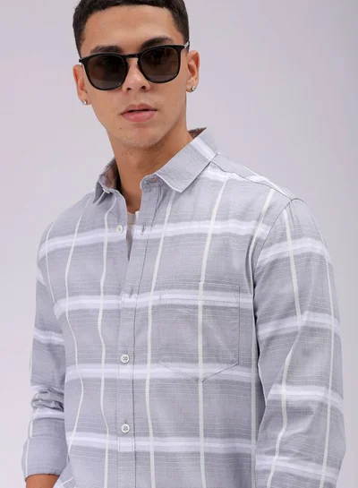 شركة المرآب الهندية Men Slim Fit Textured Checkered Full Sleeves Cutaway Collar Casual Shirt