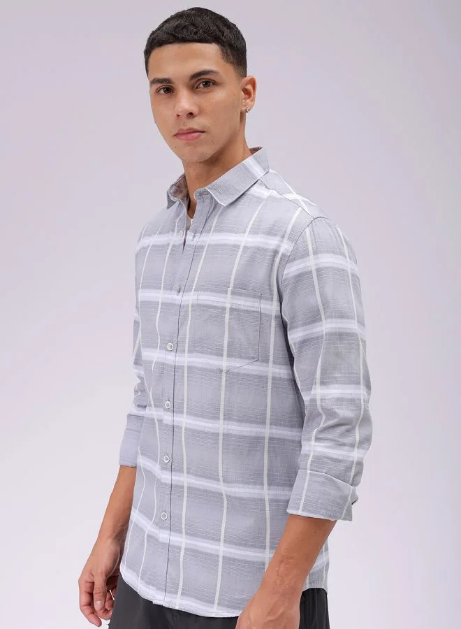 شركة المرآب الهندية Men Slim Fit Textured Checkered Full Sleeves Cutaway Collar Casual Shirt