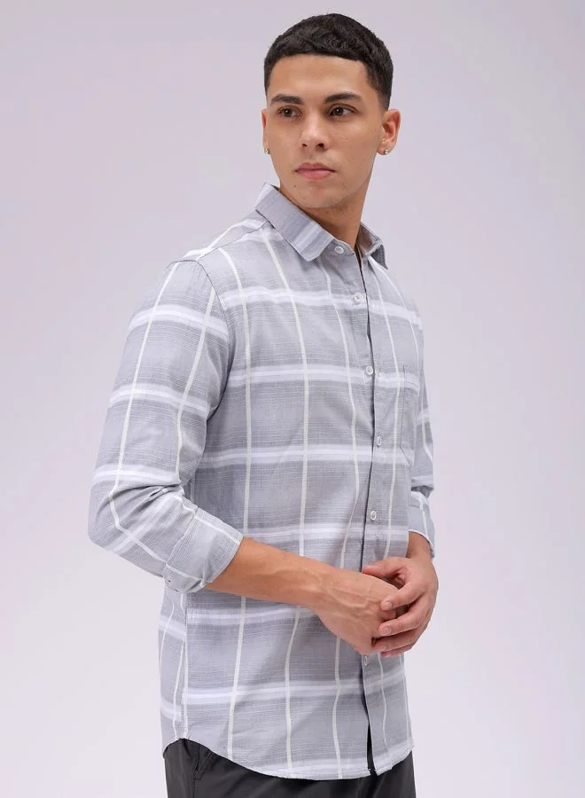 شركة المرآب الهندية Men Slim Fit Textured Checkered Full Sleeves Cutaway Collar Casual Shirt