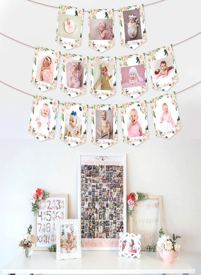 Funmemoir Floral 1st Birthday Photo Banner, Pink, Girls' Monthly Picture Display for Newborn to 12 Months - Image 2