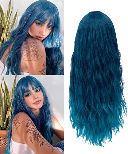 Netgo Teal Wig for Women, Dark Blue Wig with Bangs, Long Fluffy Curly Wavy Blue Hair Wigs for Girl Synthetic Daily Cosplay Party Wigs - Image 1