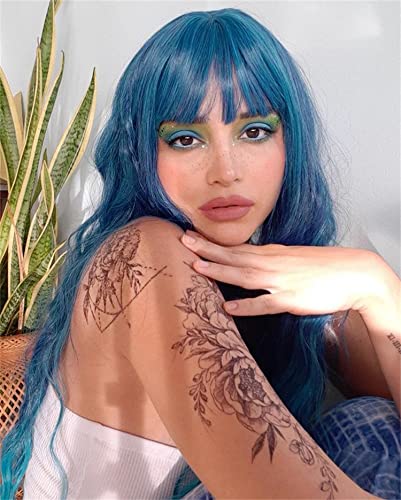 Netgo Teal Wig for Women, Dark Blue Wig with Bangs, Long Fluffy Curly Wavy Blue Hair Wigs for Girl Synthetic Daily Cosplay Party Wigs - Image 2