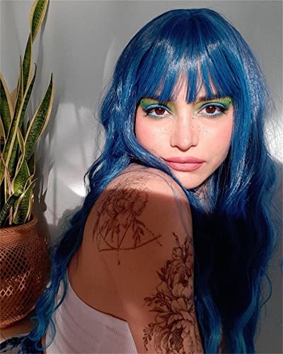 Netgo Teal Wig for Women, Dark Blue Wig with Bangs, Long Fluffy Curly Wavy Blue Hair Wigs for Girl Synthetic Daily Cosplay Party Wigs - Image 3