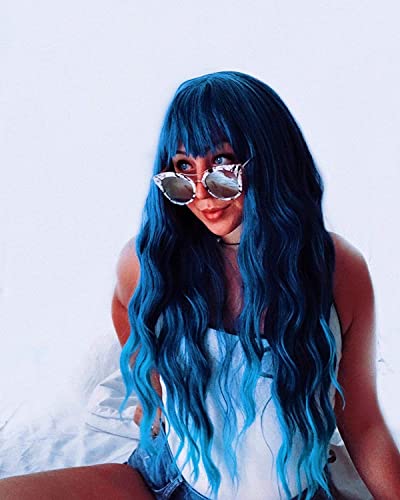 Netgo Teal Wig for Women, Dark Blue Wig with Bangs, Long Fluffy Curly Wavy Blue Hair Wigs for Girl Synthetic Daily Cosplay Party Wigs - Image 5