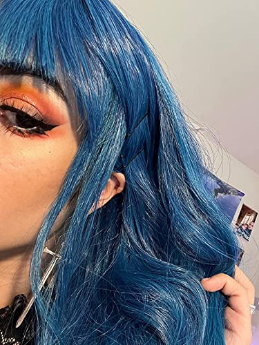 Netgo Teal Wig for Women, Dark Blue Wig with Bangs, Long Fluffy Curly Wavy Blue Hair Wigs for Girl Synthetic Daily Cosplay Party Wigs - Image 4