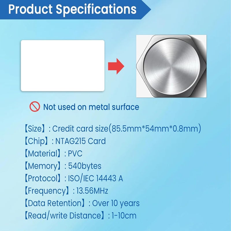 100 قطعة من بطاقة NFC NTAG215، علامات NFC 215، بطاقات بيضاء CR80 30 mil، ذاكرة 504 بايت، علامة NFC فارغة متوافقة مع Android وجميع الأجهزة التي تدعم NFC - Image 3