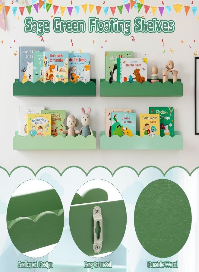 مجموعة رفوف كتب للأطفال من فيووتشيك، 4 قطع، لون أخضر فاتح، بتصميم صدفي، رفوف جدارية خشبية عائمة مقاس 15.75 بوصة لغرفة النوم، رف أنيق للصور، ديكور منزلي، أدوات مطبخ، توابل - Image 3