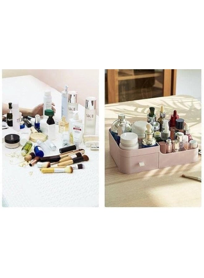 صندوق تخزين مستحضرات التجميل مع رف ودرج، منظم بلاستيكي لتزيين المنزل والطاولة، لمستحضرات التجميل، أحمر الشفاه، طلاء الأظافر، الفرش، منتجات العناية بالبشرة، العطور (وردي) - Image 2