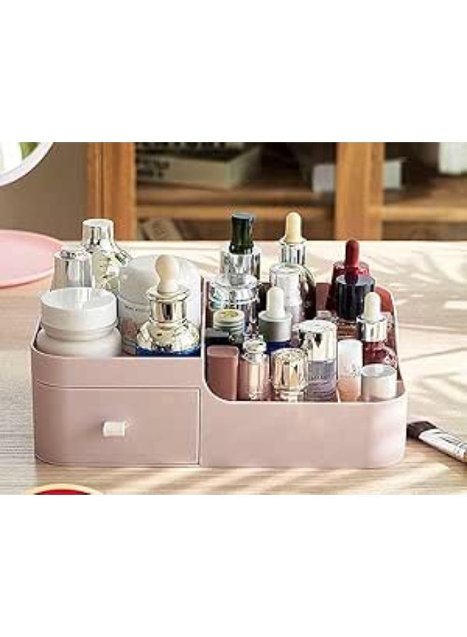 صندوق تخزين مستحضرات التجميل مع رف ودرج، منظم بلاستيكي لتزيين المنزل والطاولة، لمستحضرات التجميل، أحمر الشفاه، طلاء الأظافر، الفرش، منتجات العناية بالبشرة، العطور (وردي) - Image 1