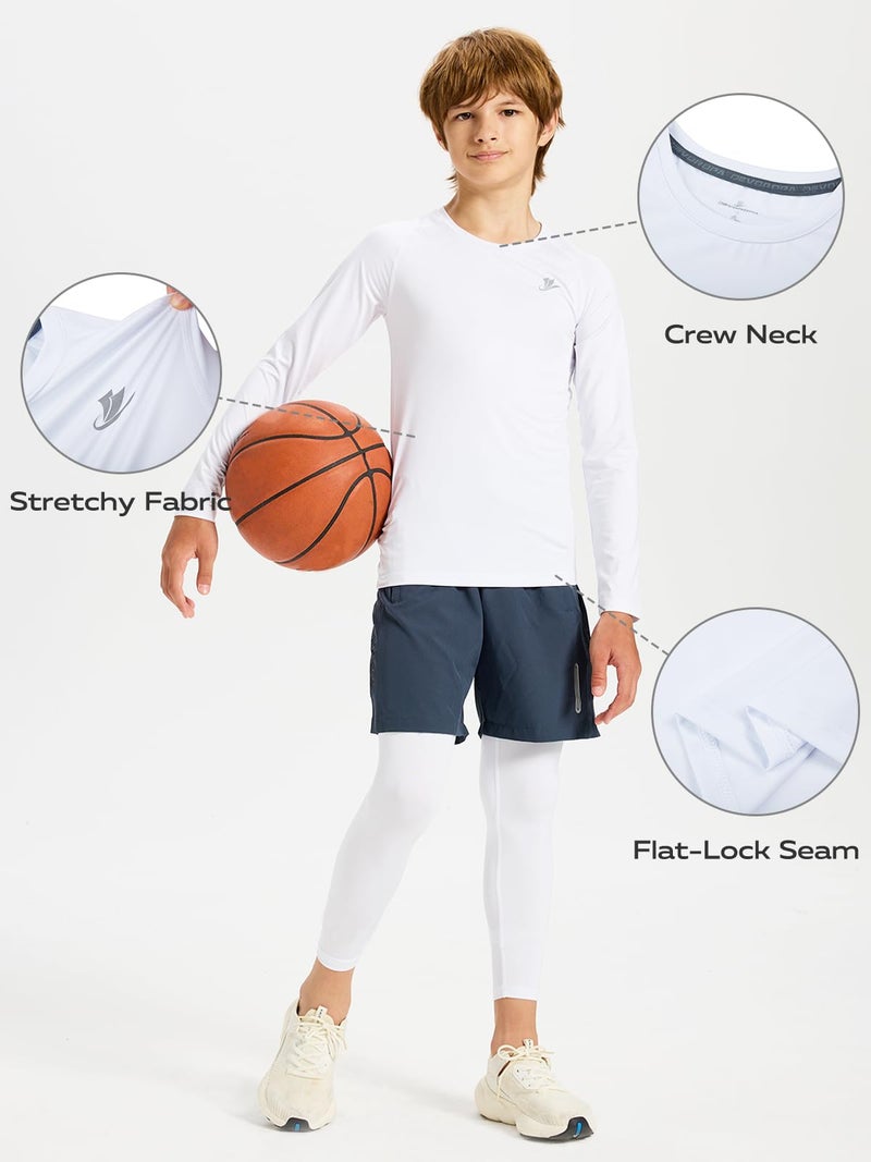 DEVOROPA Youth Boys Compression Shirt Long Sleeve Football Baseball Undershirt Quick Dry Sports Baselayer White M - Image 5
