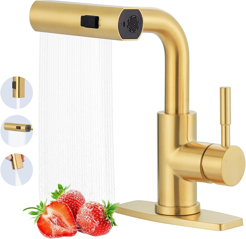 ALEASHA Bar Sink Faucet Single Hole, 3 Water Modes Wet Bar Faucets with Pull Out Sprayer, Prep Sink Faucet 360 Swivel for Small Kitchen Bathroom Faucets with cUPC Supply Lines, Brushed Golden - Image 1