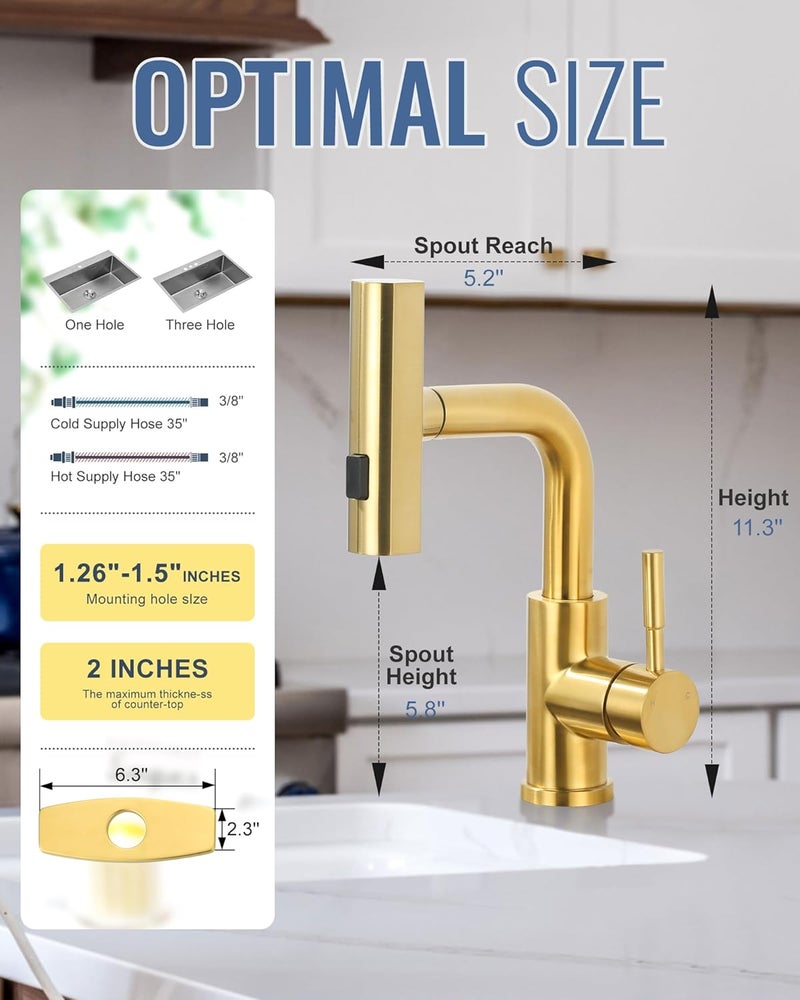ALEASHA Bar Sink Faucet Single Hole, 3 Water Modes Wet Bar Faucets with Pull Out Sprayer, Prep Sink Faucet 360 Swivel for Small Kitchen Bathroom Faucets with cUPC Supply Lines, Brushed Golden - Image 2