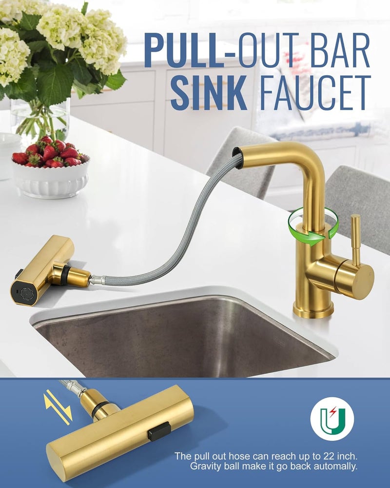 ALEASHA Bar Sink Faucet Single Hole, 3 Water Modes Wet Bar Faucets with Pull Out Sprayer, Prep Sink Faucet 360 Swivel for Small Kitchen Bathroom Faucets with cUPC Supply Lines, Brushed Golden - Image 4