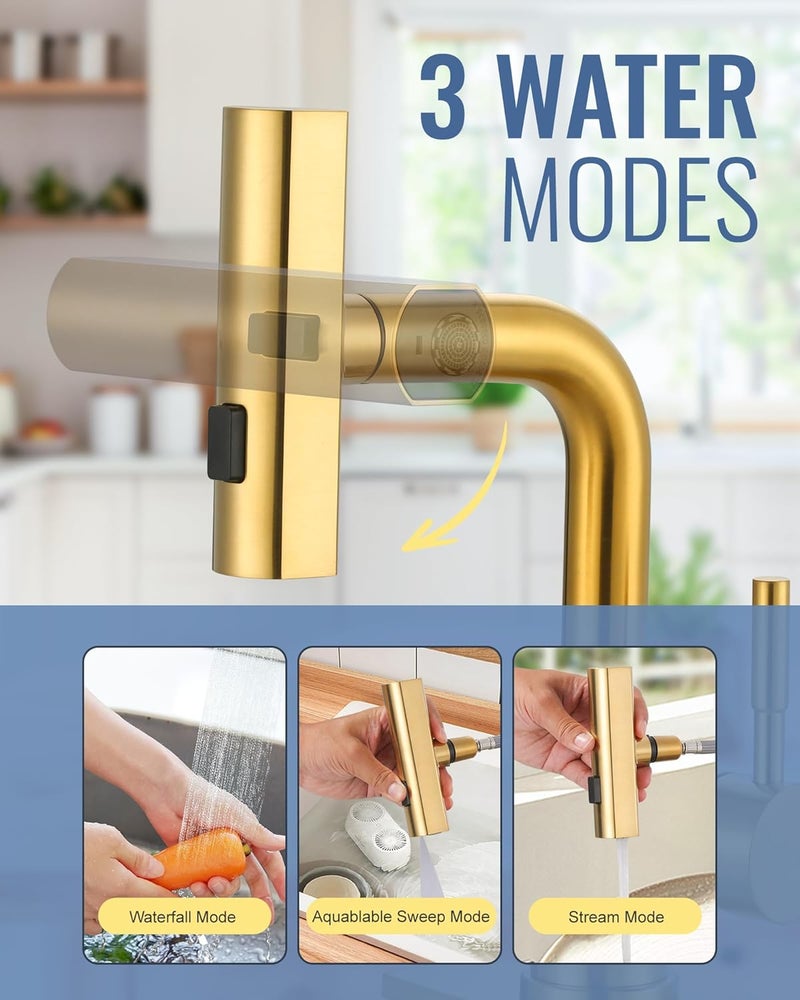 ALEASHA Bar Sink Faucet Single Hole, 3 Water Modes Wet Bar Faucets with Pull Out Sprayer, Prep Sink Faucet 360 Swivel for Small Kitchen Bathroom Faucets with cUPC Supply Lines, Brushed Golden - Image 3