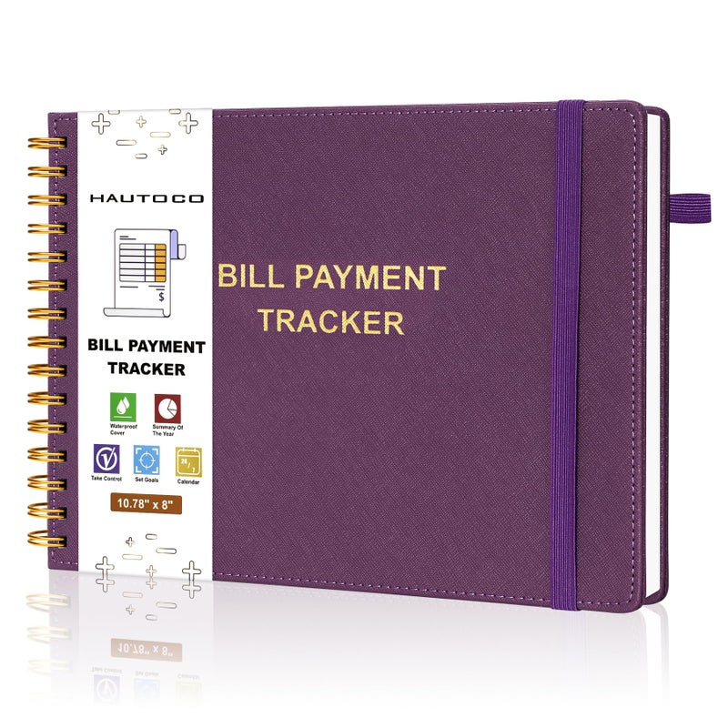 HAUTOCO Hardcover Bill Tracker Notebook Horizontal Monthly Bill Payment Organizer for Personal Budgeting Home Finance with 2 Storage Pocket Expense Checklist Tracking Planner 10.78 x 8'', Deep Purple - Image 1