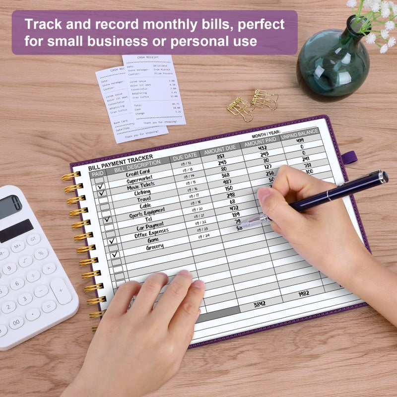 HAUTOCO Hardcover Bill Tracker Notebook Horizontal Monthly Bill Payment Organizer for Personal Budgeting Home Finance with 2 Storage Pocket Expense Checklist Tracking Planner 10.78 x 8'', Deep Purple - Image 3