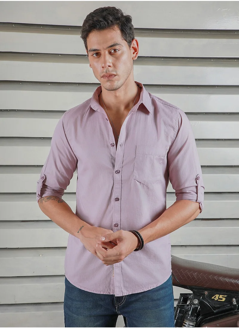 هاي ستار Lavender Regular Fit Men’s Casual Shirt, Spread Collar, Roll-Up Sleeves, Cotton