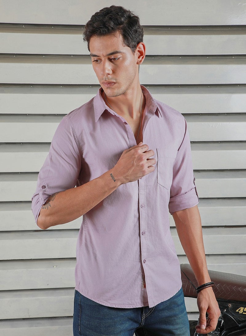 HIGH STAR Lavender Regular Fit Men’s Casual Shirt, Spread Collar, Roll-Up Sleeves, Cotton - Image 2