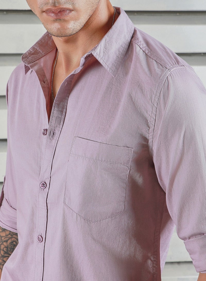 HIGH STAR Lavender Regular Fit Men’s Casual Shirt, Spread Collar, Roll-Up Sleeves, Cotton - Image 3