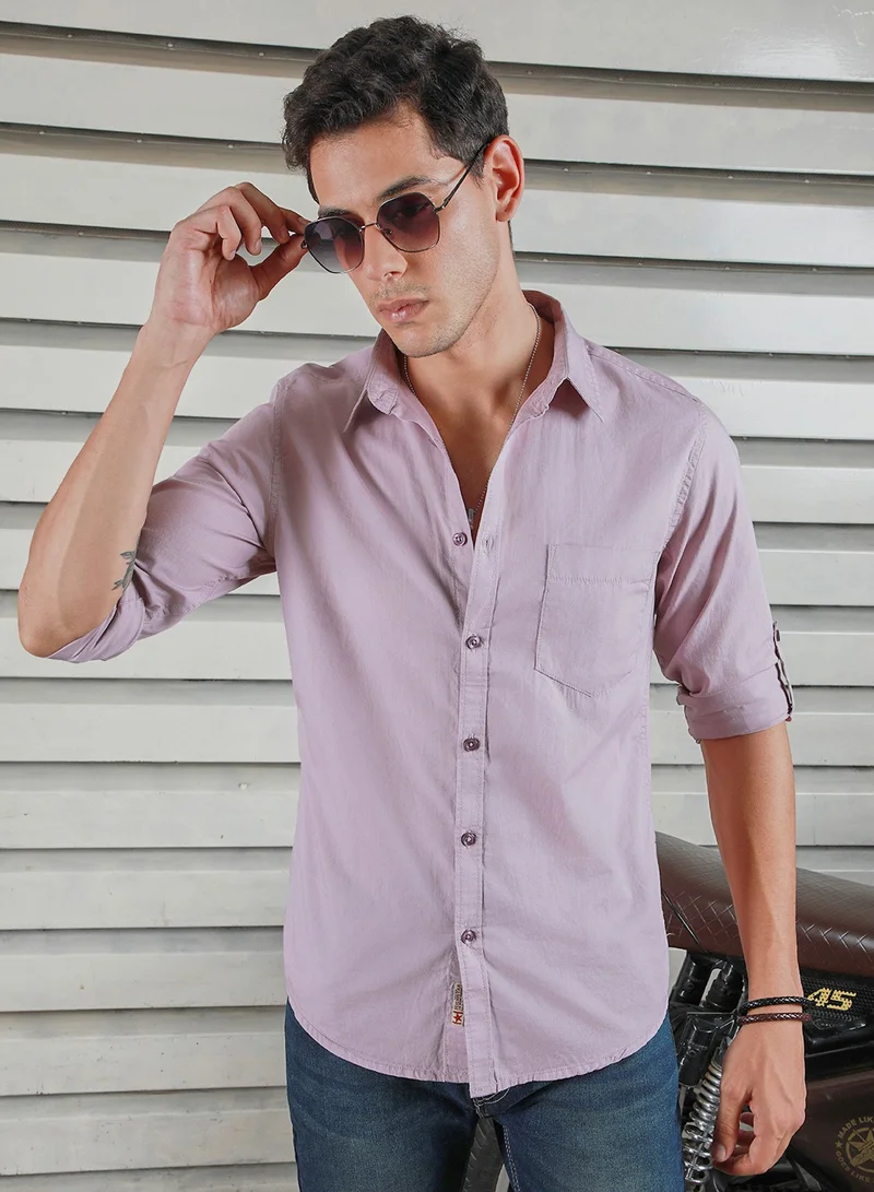 HIGH STAR Lavender Regular Fit Men’s Casual Shirt, Spread Collar, Roll-Up Sleeves, Cotton
