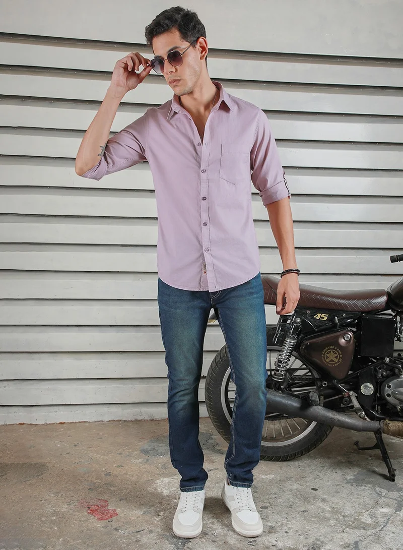 HIGH STAR Lavender Regular Fit Men’s Casual Shirt, Spread Collar, Roll-Up Sleeves, Cotton