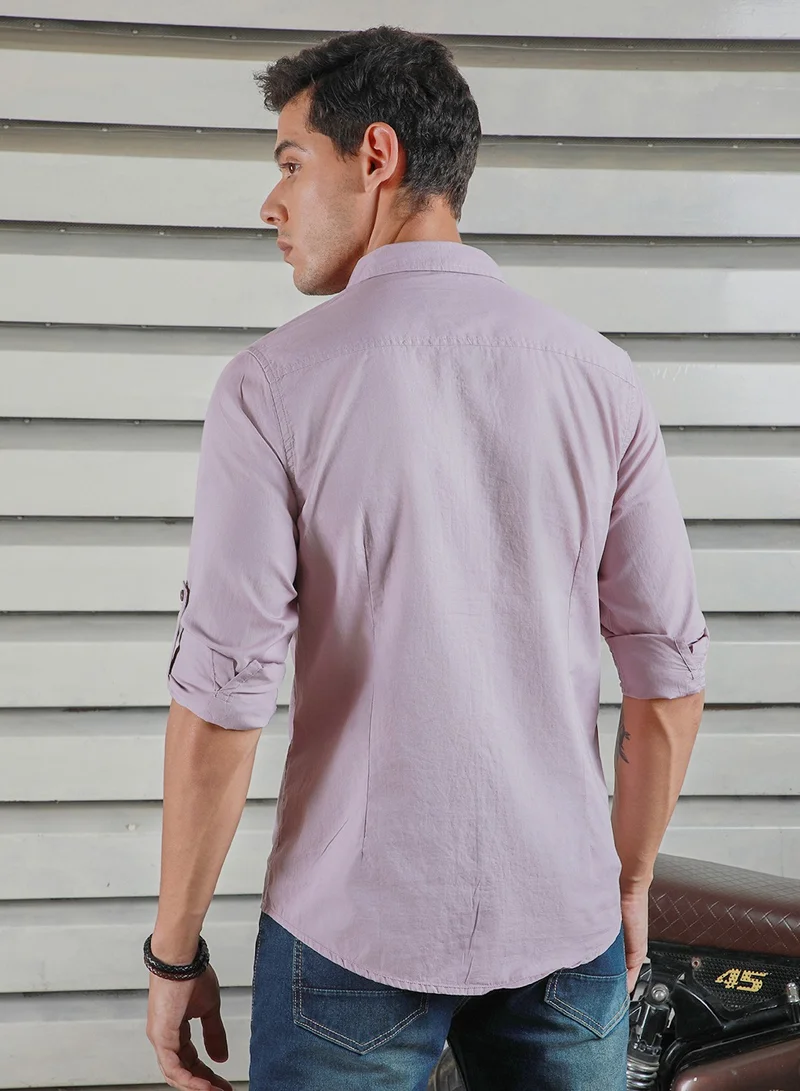HIGH STAR Lavender Regular Fit Men’s Casual Shirt, Spread Collar, Roll-Up Sleeves, Cotton