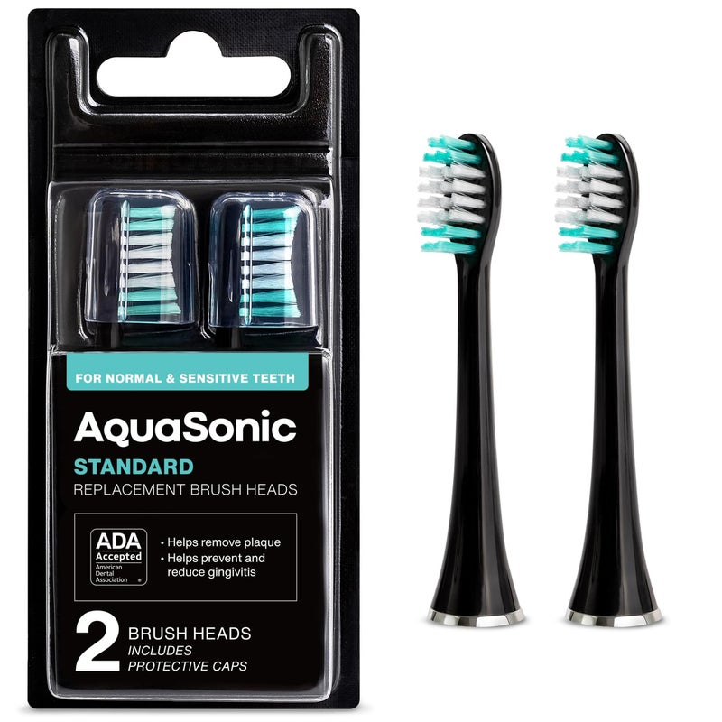 AquaSonic Standard Replacement Brush Heads | for Normal & Sensitive Teeth | Compatible with Many AquaSonic Toothbrush Handles (2 Pack Black) - Image 1