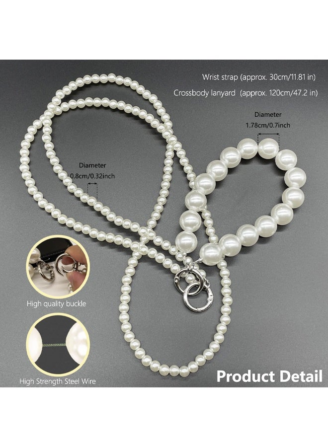 2Pcs Pearl Beaded Phone Crossbody Lanyard with Wrist Strap, Universal Cell Phone Lanyard and Crossbody Phone Strap for Women, Chain, Includes 1 Tether Tab, for Most Phones, Bags, and Purses - Image 3