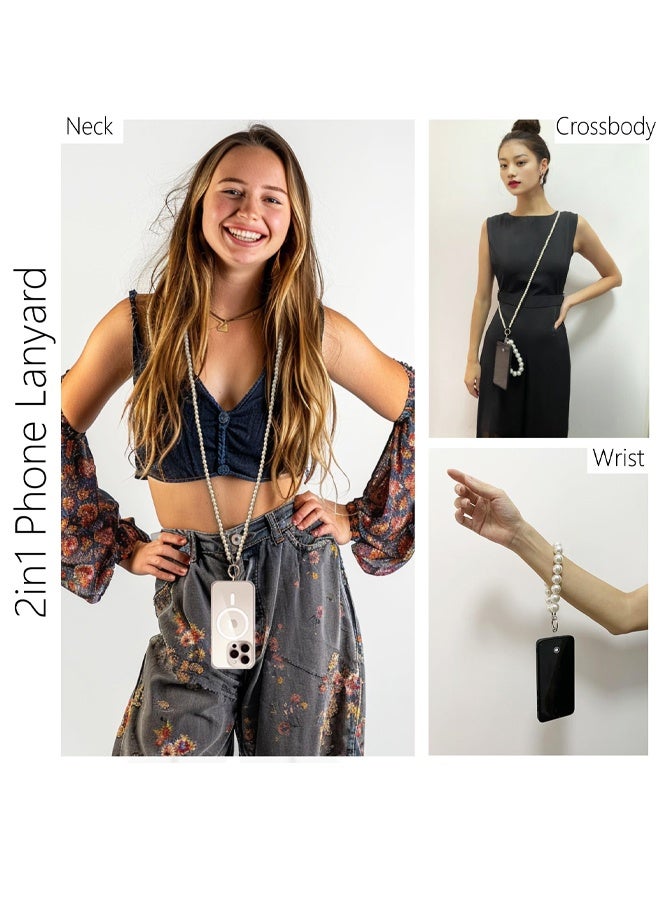 2Pcs Pearl Beaded Phone Crossbody Lanyard with Wrist Strap, Universal Cell Phone Lanyard and Crossbody Phone Strap for Women, Chain, Includes 1 Tether Tab, for Most Phones, Bags, and Purses - Image 2
