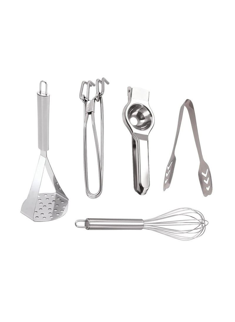 Pass Pass pass pass Stainless Steel Kitchen Items for Lemon Juicer Masher Egg Whisk Momos Tong Pakkar Combo of 5  - Image 1
