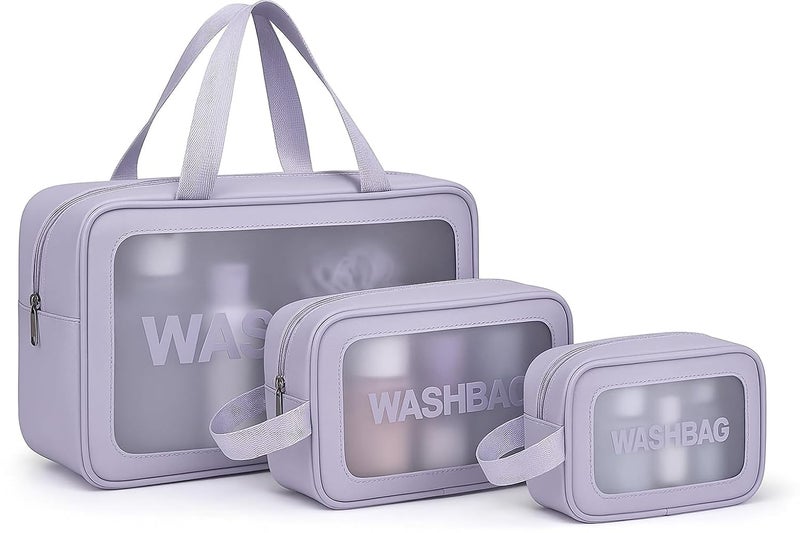 Gritty Wash Bag Pouch for Travel Kit Toiletry Bag Cosmetic Bag Make Up Box for Brushes, Accessories with Handle, Large Capacity Translucent Waterproof Travel Storage Organizer Set of 3(Purple) - Image 1