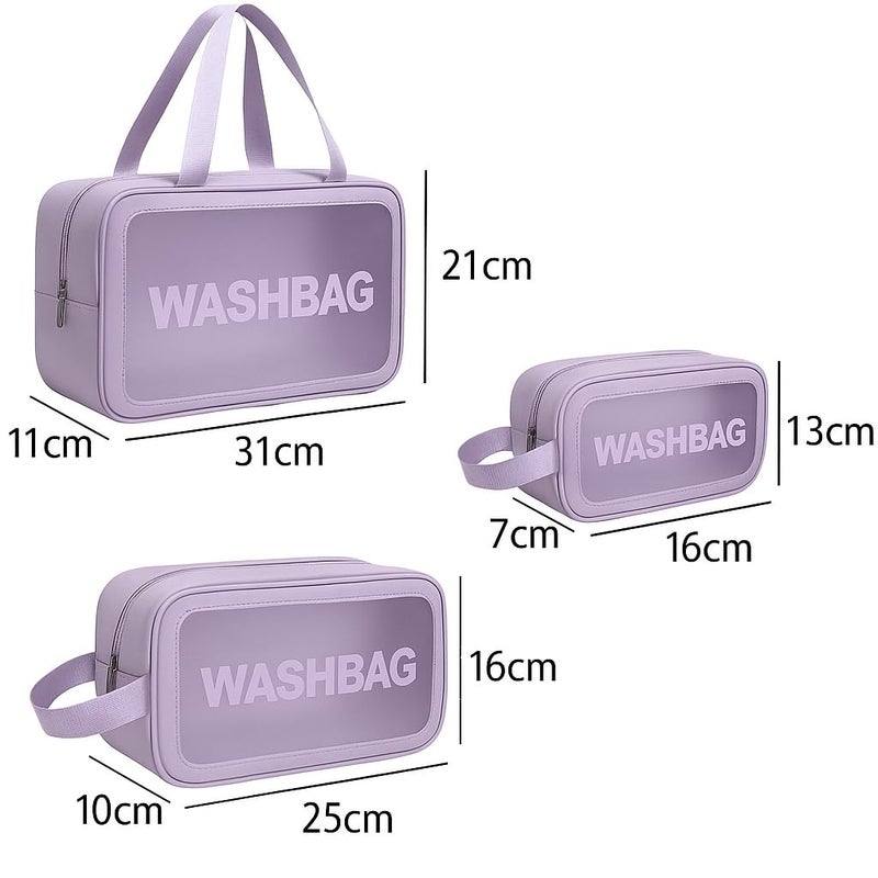Gritty Wash Bag Pouch for Travel Kit Toiletry Bag Cosmetic Bag Make Up Box for Brushes, Accessories with Handle, Large Capacity Translucent Waterproof Travel Storage Organizer Set of 3(Purple) - Image 2