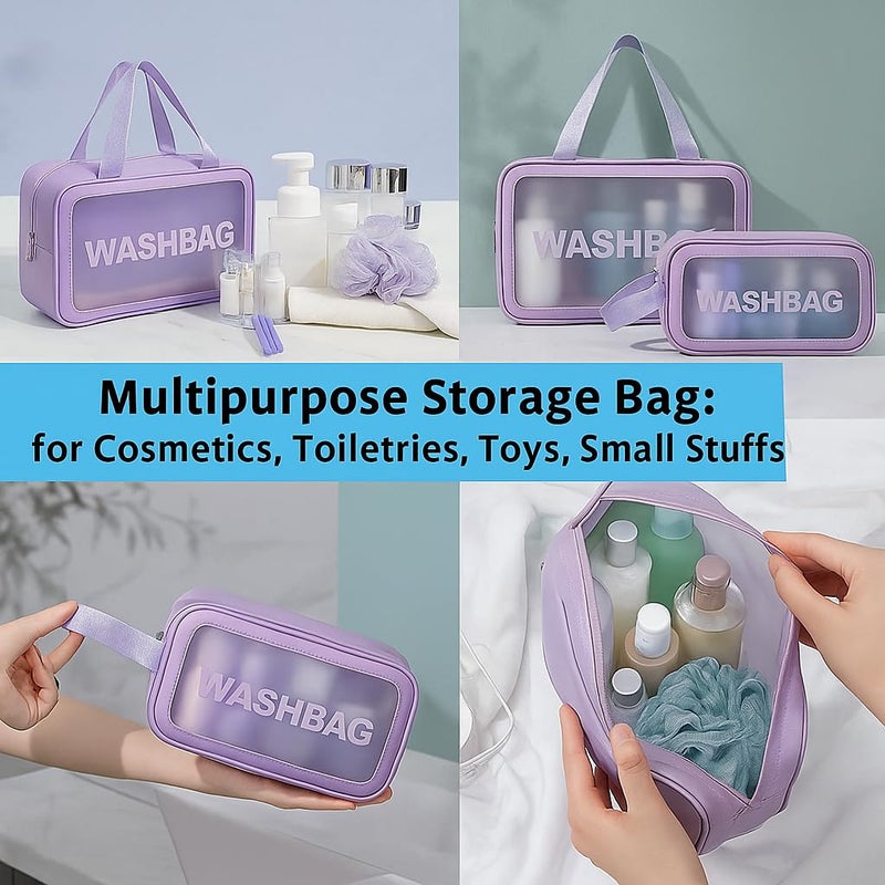 Gritty Wash Bag Pouch for Travel Kit Toiletry Bag Cosmetic Bag Make Up Box for Brushes, Accessories with Handle, Large Capacity Translucent Waterproof Travel Storage Organizer Set of 3(Purple) - Image 3
